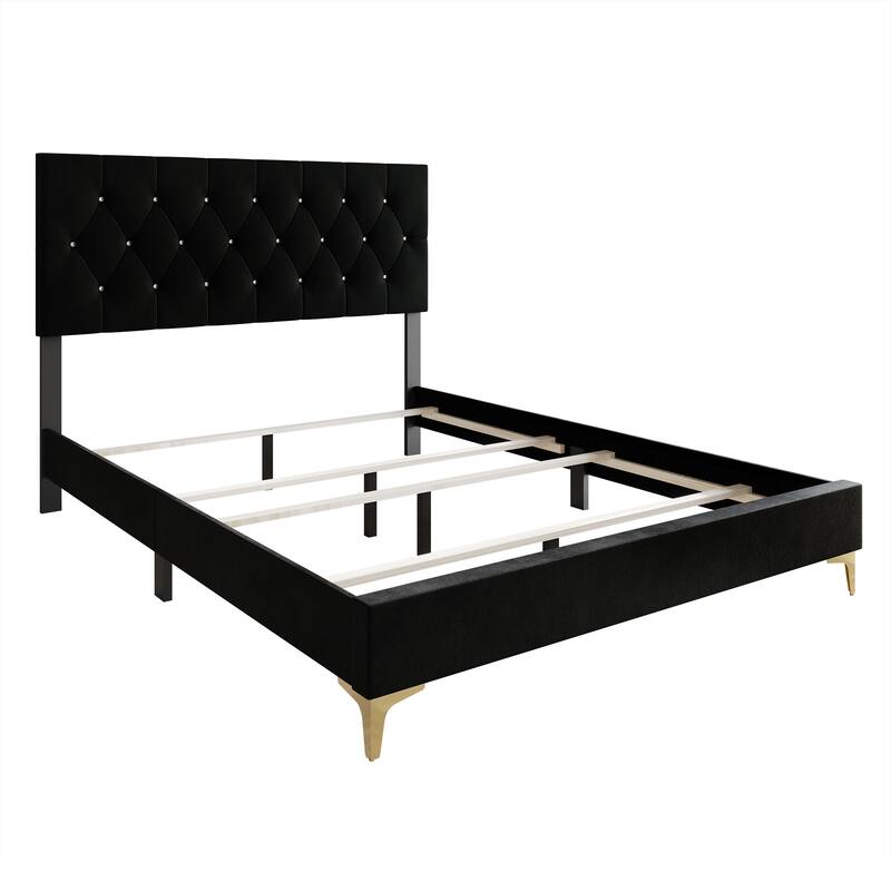 CraftPorch Glam Crystal Diamond Tufted Velvet Upholstered Bed with Storage Bench