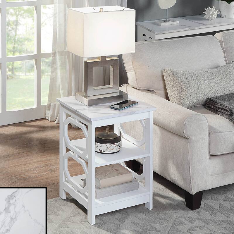 Convenience Concepts Omega End Table with Shelves - White Faux Marble/White