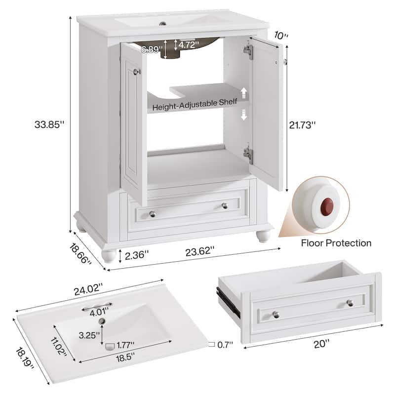 24'' Modern Freestanding Solid Wood Bathroom Vanity with Ceramic Sink, Adjustable Shelf Storage