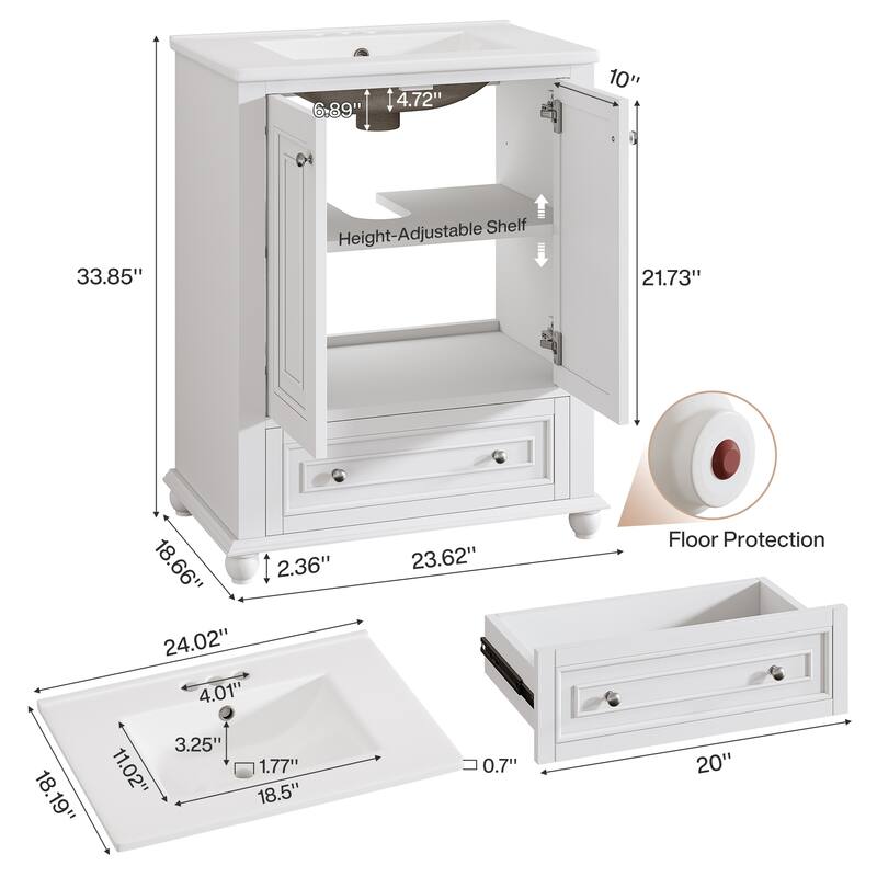 24 Inches Solid Wood Modern Bathroom Vanity with Ceramic Sink, Adjustable Shelf Storage