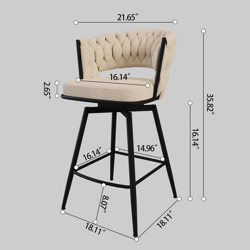 Suede Woven Bar Stool Set of 4, No Adjustable Kitchen Island Chairs,360 Swivel Upholstered Counter Stool with Back Footrest