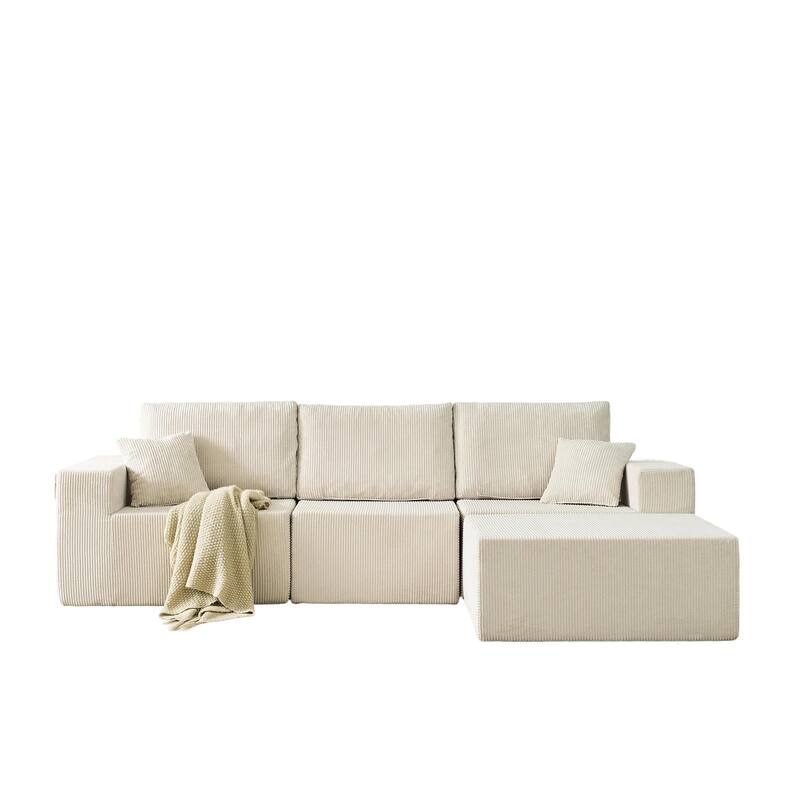 Modular L Shaped Sectional Sofa with Ottoman, Corduroy Boneless Cloud Sofa, 3 Seater Upholstered Sofa with 2 Pillows