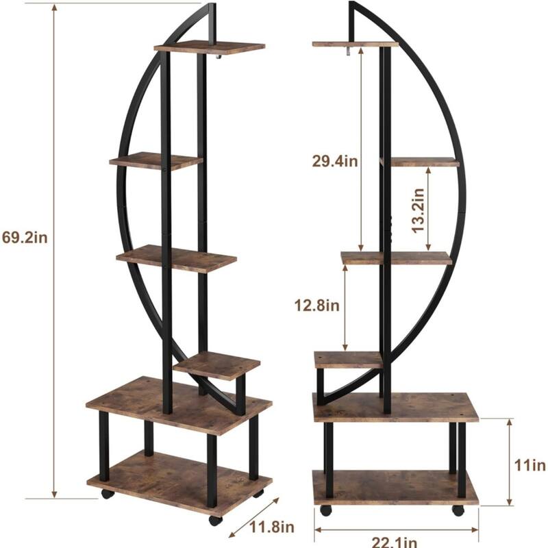 6-Tier Indoor Metal Plant Stand with Removable Wheels, Half Moon Shaped Plant Stand with Drawer, 2-Pack, Brown
