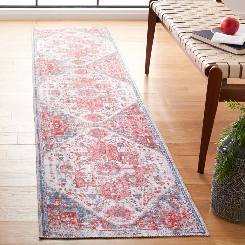 SAFAVIEH Serapi Machine Washable Nealie Shabby Chic Distressed Rug - 2' x 9' Runner - Rust/Blue