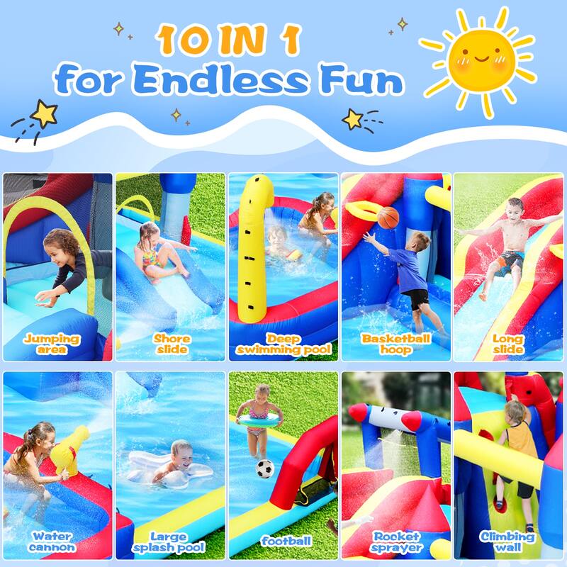 10 in1 Inflatable slide water park bouncing house garden with splash pool & water gun & basketball & climbing wall - Multicolor