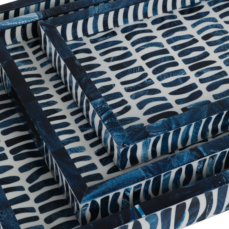 Resin Wood Decorative Trays with Inlay Pieces (Set of 3) - 2" Blue - 24" x 15" x 2"