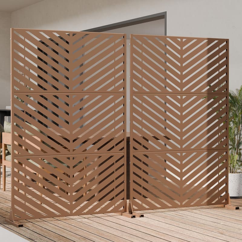 Outdoor Privacy Screen 2-Panel Chevron Metal Privacy Fence with Wind-Resistant Base Durable Decorative Divider - 72"H x 94"W - Brown