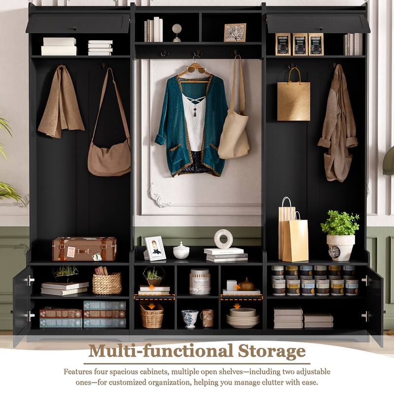 79.1" Wide Modern Hall Tree with Shoe Storage, 8 Cubbies & 7 Coat Hooks - Entryway Bench with Adjustable Shelf