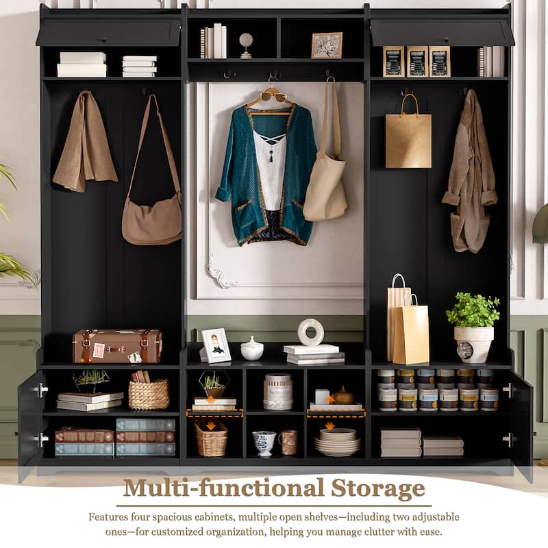 Hallway Tree with Shoe Storage, 79" Coat Rack with Shoes Cubbies & 7 Coat Hooks, 4-in-1 Entryway Wood Bench with Storage
