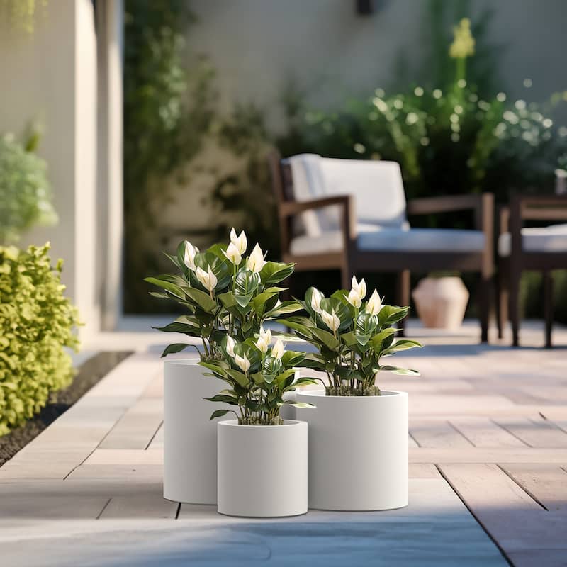 Tall Concrete Round Plant Pots / Large Indoor and Outdoor flower Planters - 3 Piece Set (10, 13, 16 Inch Diameter) - Crisp White