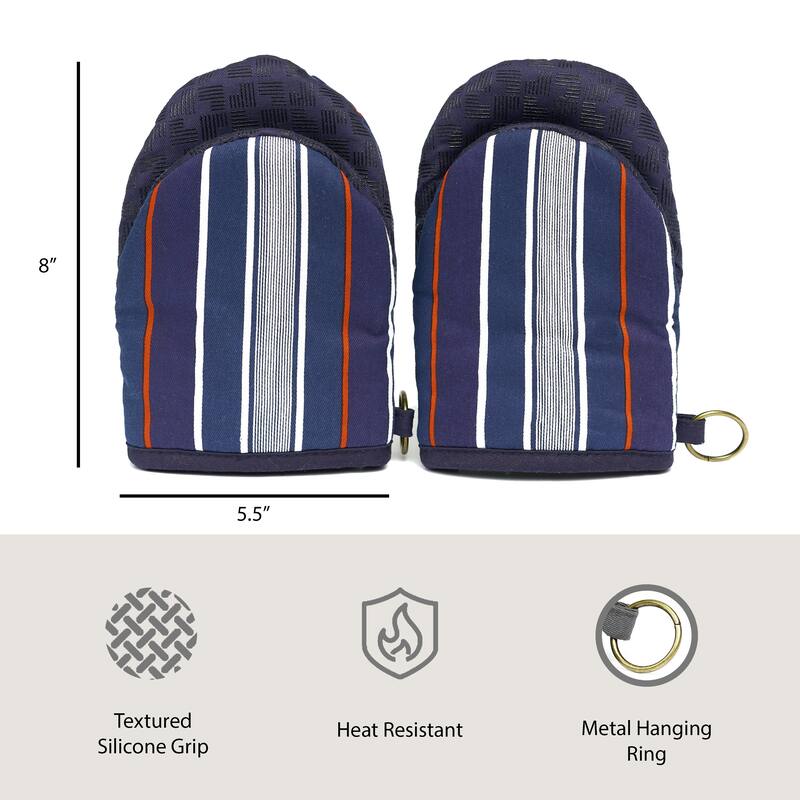 Nautica Home Navy Multi Stipe 100% Cotton Mini Oven Mitt With Silicone Palm (Set of 2)
