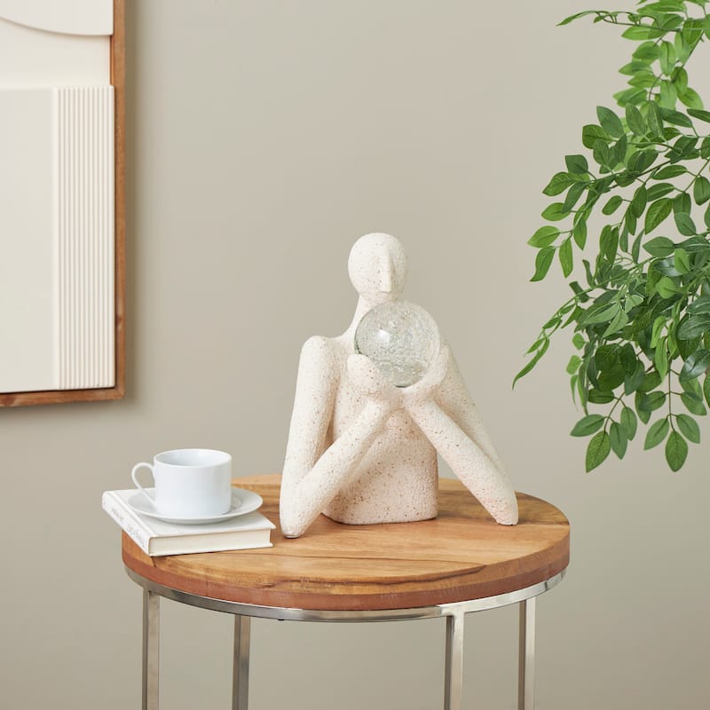 Cream Polystone Abstract Textured People Decorative Sculpture with Clear Glass Ball and Gold Speckles - Cream