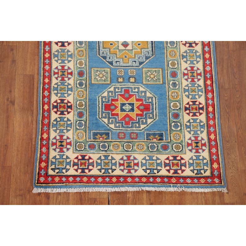 Blue Kazak Runner Rug Hand-Knotted Wool Carpet - 2'9" x 9'3"