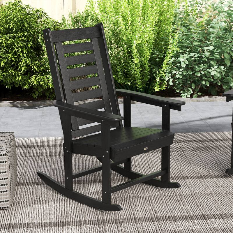 Set of 2 Outdoor HDPE Rocking Chairs with Slatted Back and Comfortable Armrests for Patio or Porch - 25.6" W x 35" D x 40.6" H