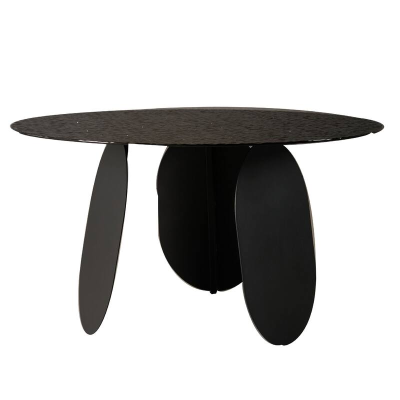 Cid Axen Dining Table, 53 Inch Gray Hammered Glass Top, Black Iron - Gray, Black