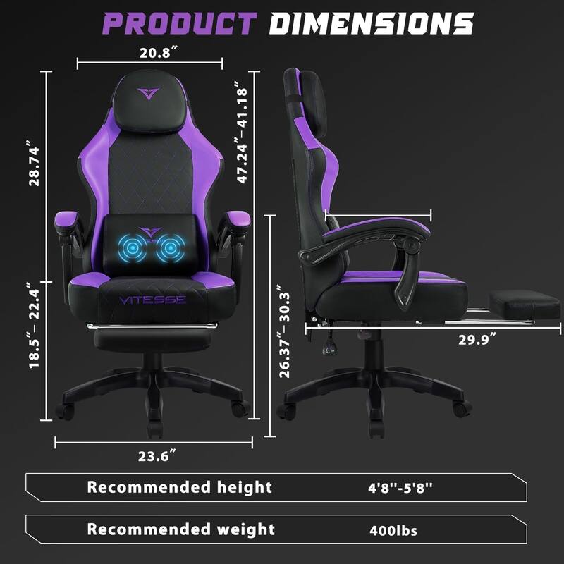 BOSSIN Ergonomic Gaming Chair – 400 lbs Support, PC/Racing Office Chair with Adjustable Swivel, Lumbar Vibration & Headrest