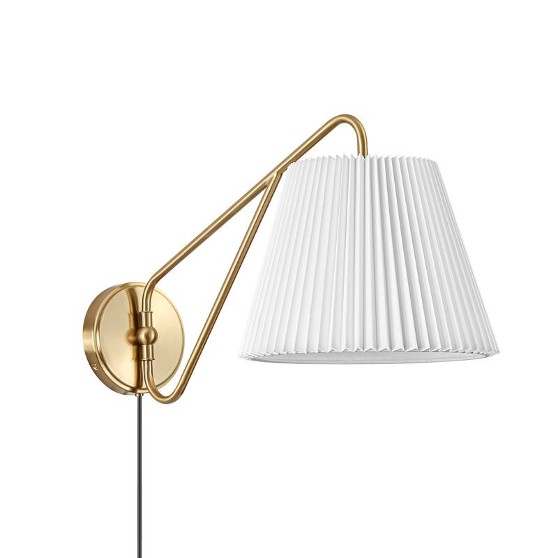 1-Light Mid-Century Modern Pleated Fabric Shade Gold Iron Plug-In Wall Sconce for Bedroom - 12 in. W x 24.2 in. D x 12.9 in. H