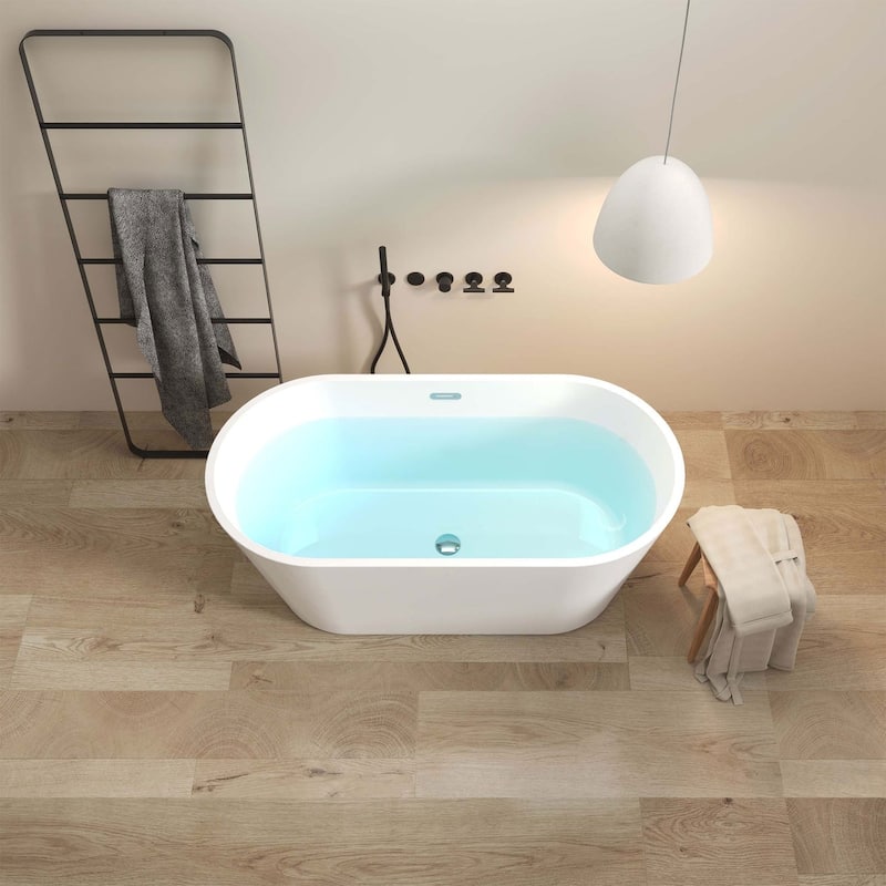 59 in. x 30 in. Acrylic Freestanding Soaking Bathtub with Center Drain in Glossy White