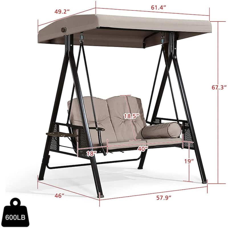 PURPLE LEAF Outdoor Patio Porch Swing with Stand, 2-seat Swing Chair with Adjustable Tilt Canopy All-Weather Steel Frame