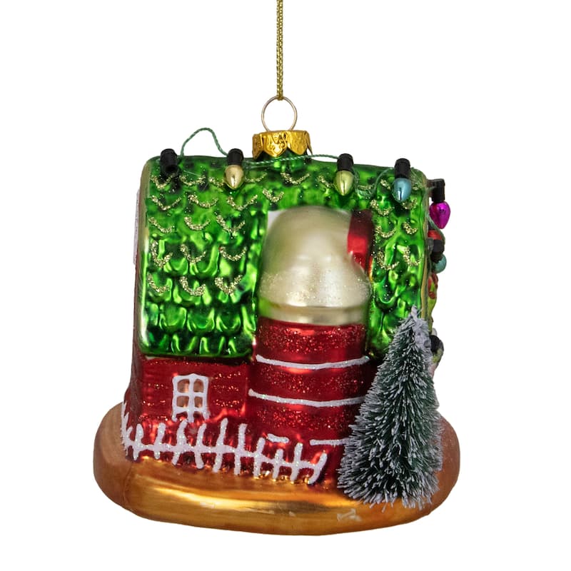 4" Festive Red and Green Barn with Roof Glass Christmas Ornament