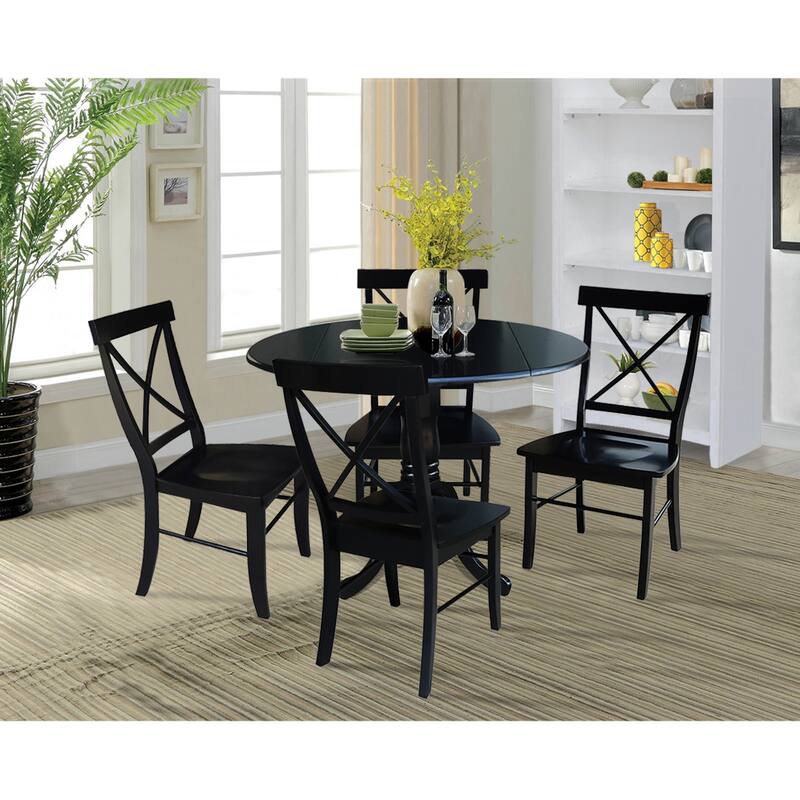 42 in. Drop Leaf Table with 4 Cross Back Dining Chairs - 5 Piece Set - Black
