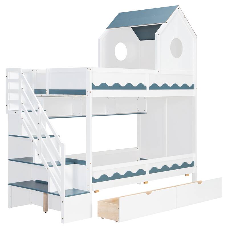 Twin Over Twin Bunk Bed with Stairs, LED Lights, Storage Drawers, House Shaped Wood Loft Bed with Guardrail