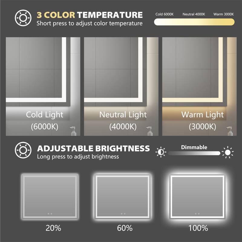 24" x 36" Large Frameless Rectangle LED Bathroom Vanity Mirror - Clear - 55X30 inches