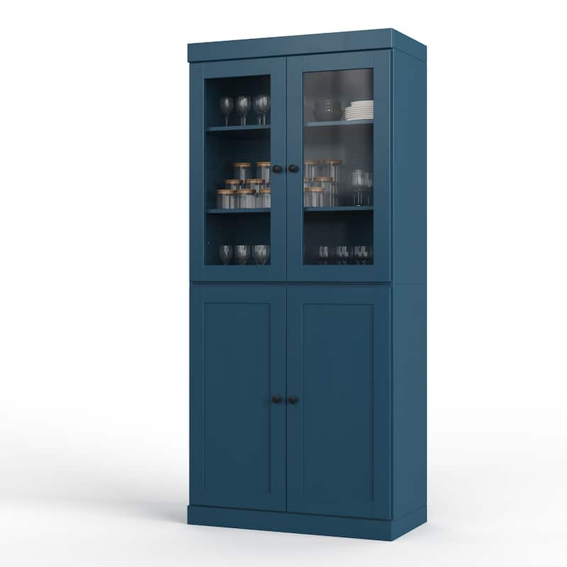 Palace Imports 100% Solid Wood 32" Pantry Cabinet with Clear Glass, Shaker Doors, 2-Drawers and Adjustable Shelves - Teal Blue