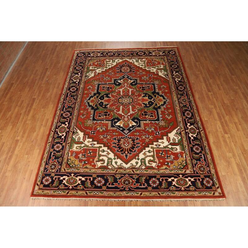 Medallion Heriz Serapi Indian Rug Hand-Knotted Orange Wool Carpet - 8'10"x 11'11"