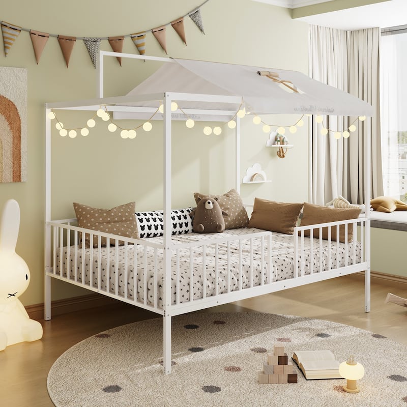 3-in-1 Convertible Montessori Metal floor bed,Modern Minimalist Design Canopy Platform Bed Funland