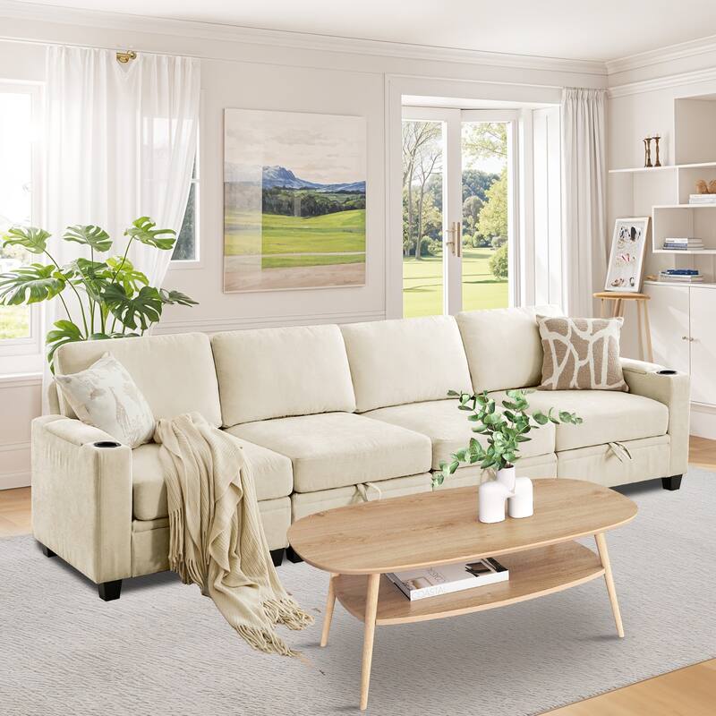 Chenille Sectional Sofa, Hidden Storage & Modular Design