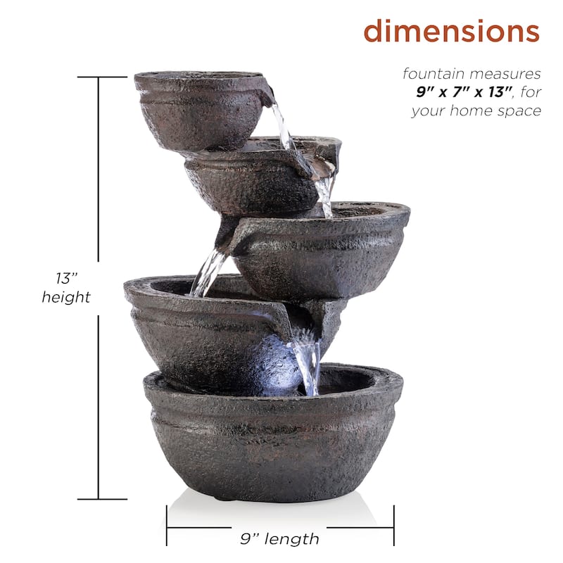 Alpine Corporation 13" Tall Indoor/Outdoor Tabletop Tiering Bowls Fountain with LED Lights
