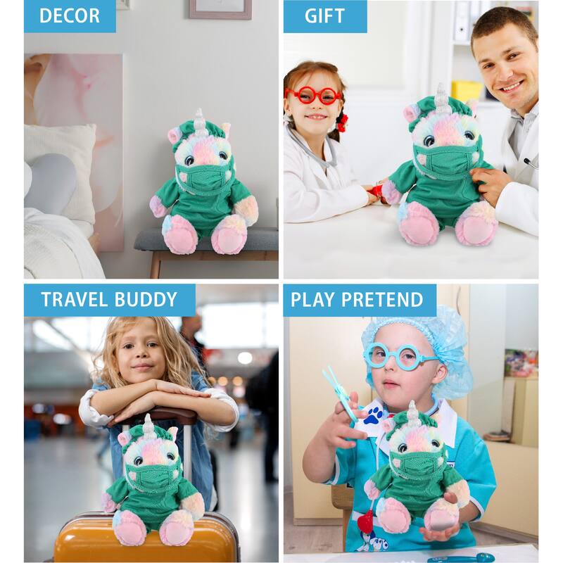 DolliBu Sitting Rainbow Unicorn Doctor Plush with Scrub Uniform & Cap - 10 inches