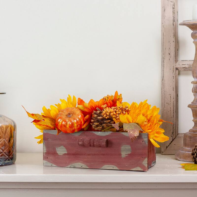 14 Autumn Harvest Maple Leaf Berry Rustic Wooden Box Centerpiece