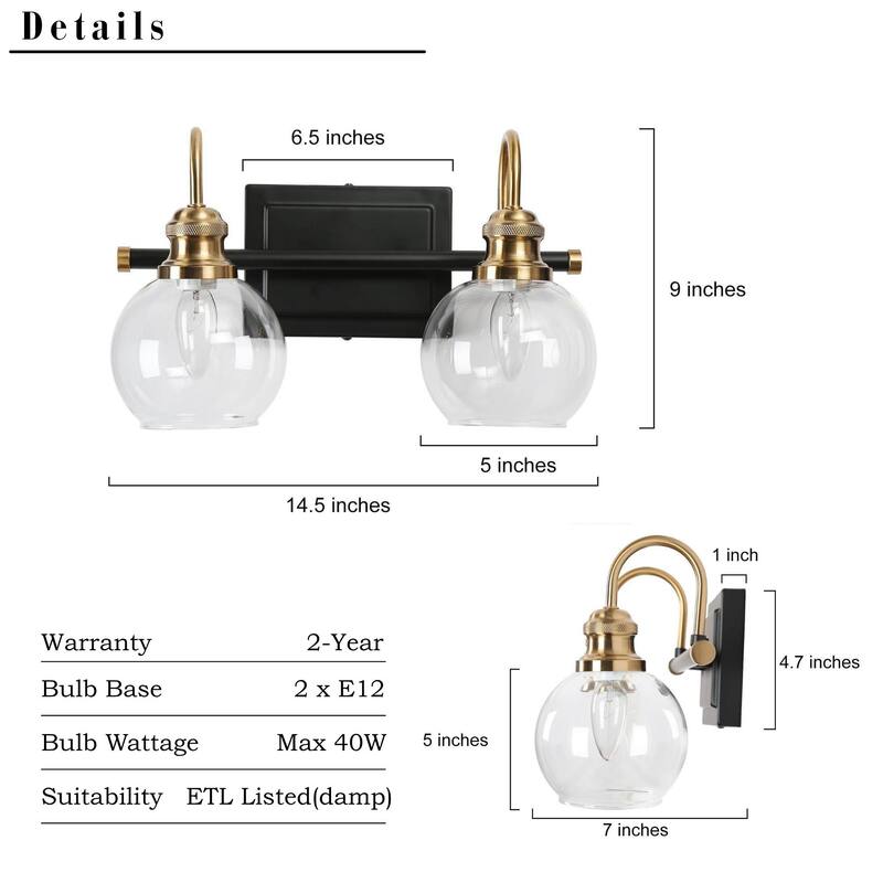 Modern Black Gold Bathroom Vanity Lights Globe Glass Wall Sconce