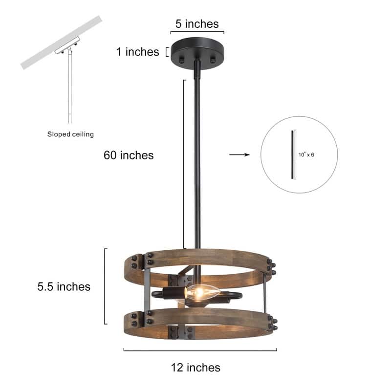 Modern Farmhouse 2-Light Wood Drum Chandelier Hanging Pendant Lights - 12"W x 5.5"H