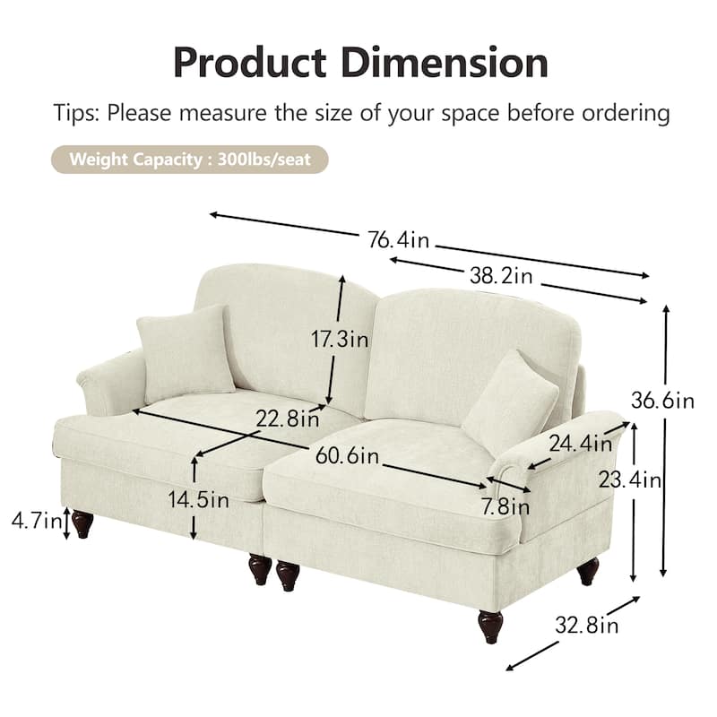 Mid-Century 2-Seat Sofa Couch with Flared Arms & Removable Ruffled Skirts, Retro Chenille Upholstered Loveseat for Living Room