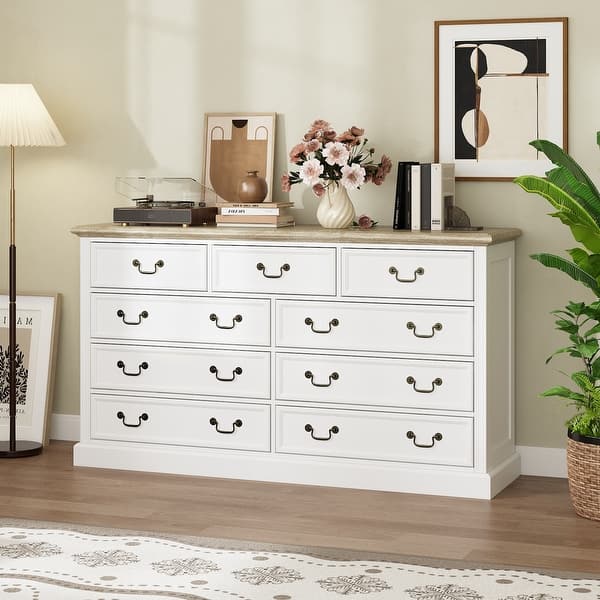 Nine - drawer Chest Dresser: White Finish with a Rustic - wood Top and  Antique - brass Handles for a Classic Look - Bed Bath & Beyond - 42669540
