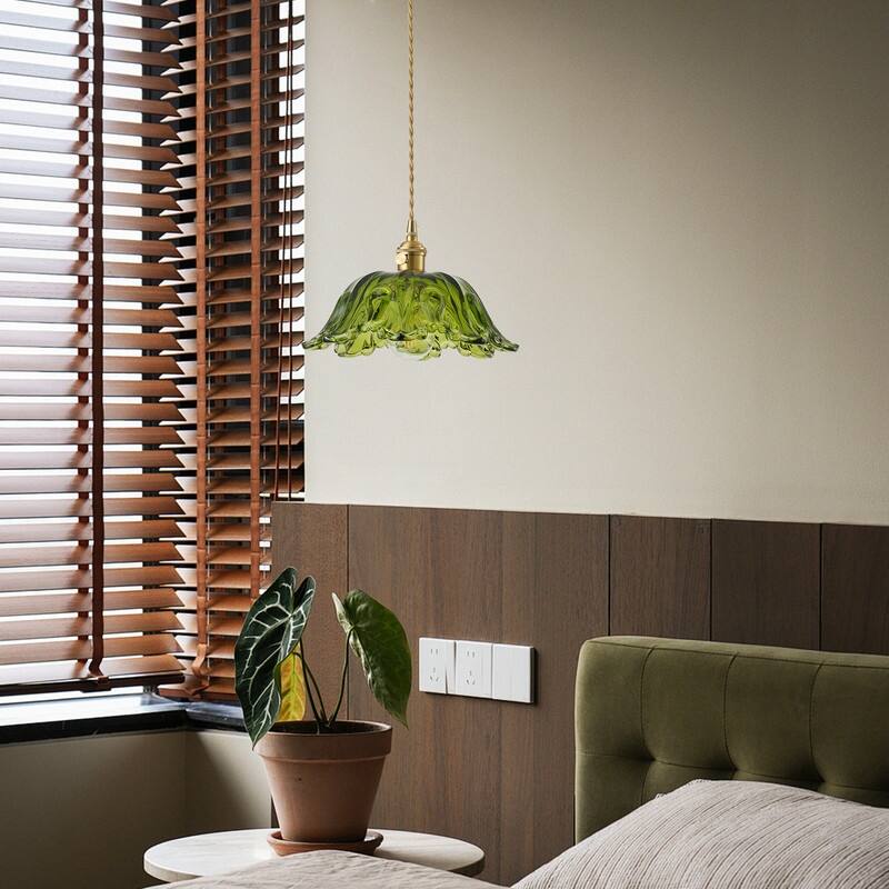 Modern 1- Light Pendant Light Green Tinted Glass Shade with Electroplated Brass Finish