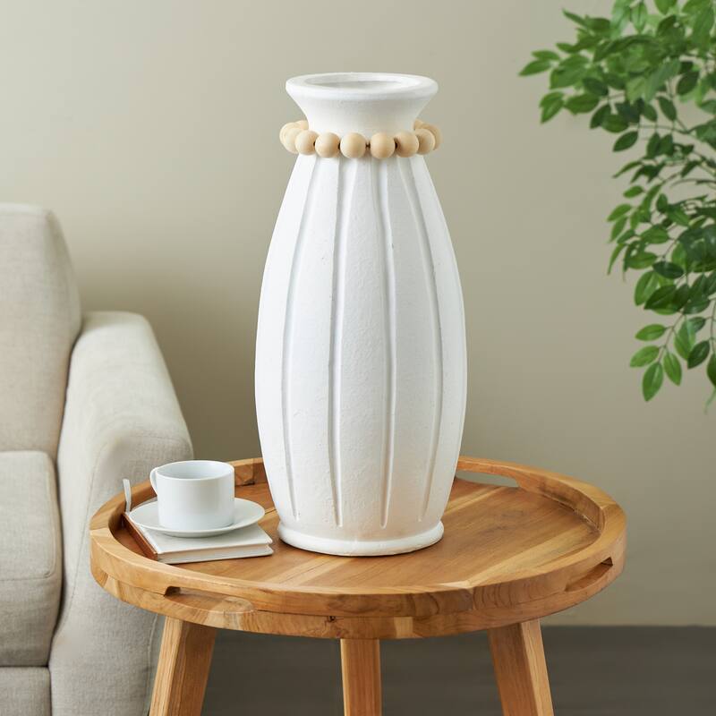 White Magnesium Oxide Decorative Vase with Light Brown Beads and Carved Grooves