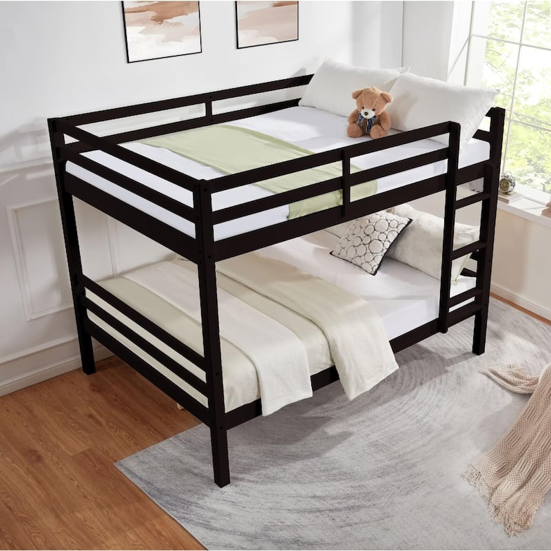 Full Over Full Bunk Bed, Thick Wood Posts, High Guardrail, Ladder