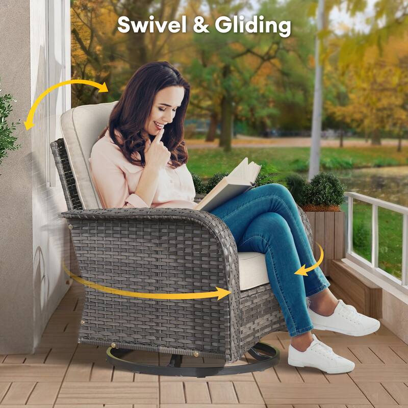 HOOOWOOO 3-piece Grey Wicker Patio Swivel Rocking Chair Set