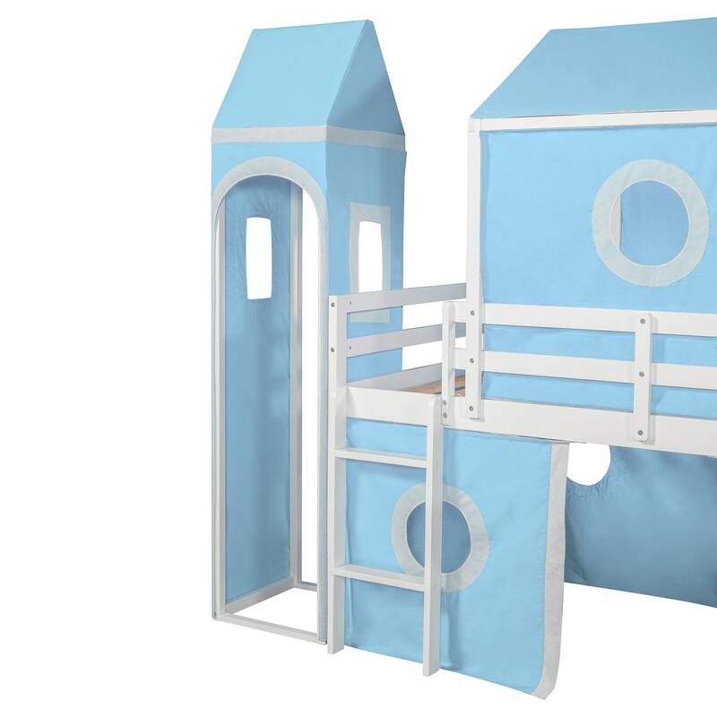 Twin/Full Size Wooden Playhouse Loft Bed with Tent and Tower, Solid Pinewood Low Loftbed Frame with Slide and Ladder