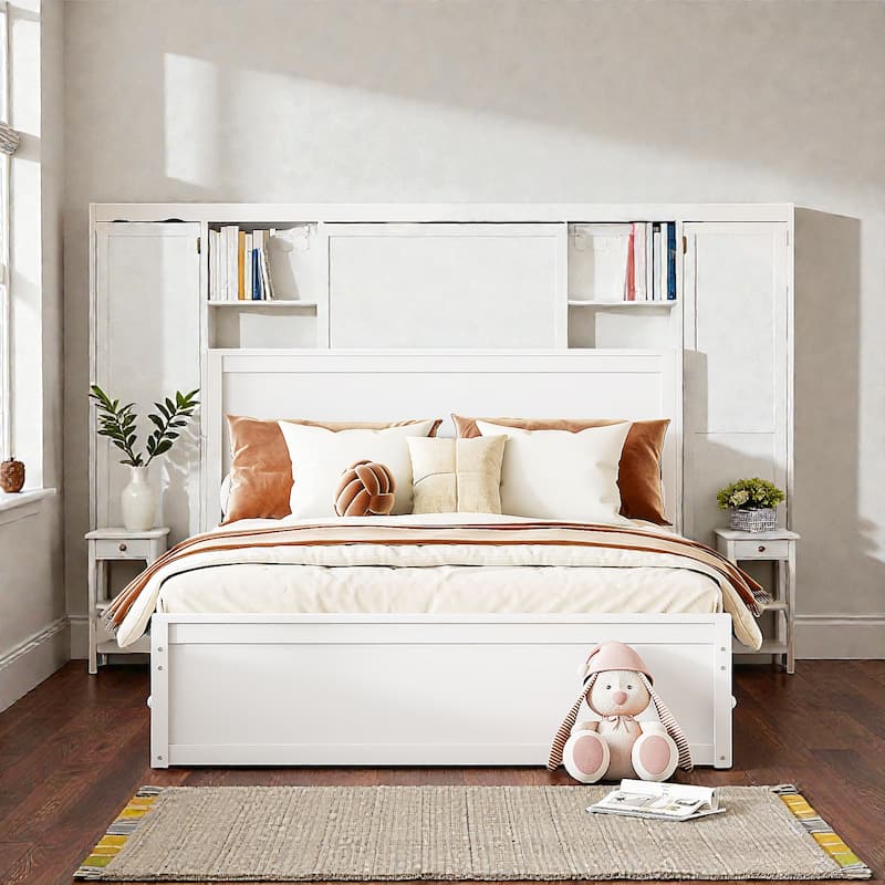 Queen Size Wooden Platform Bed with Storage Drawers, Shelves and Built-In Outlets, All-in-One Headboard Bed