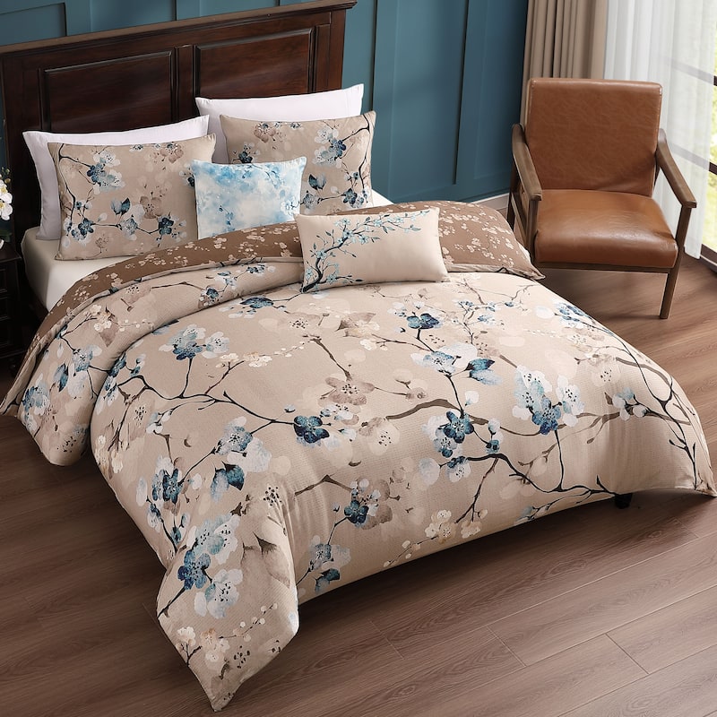 Bebejan Blue Blossom 100% Cotton Sateen 5 Piece Reversible Comforter Set