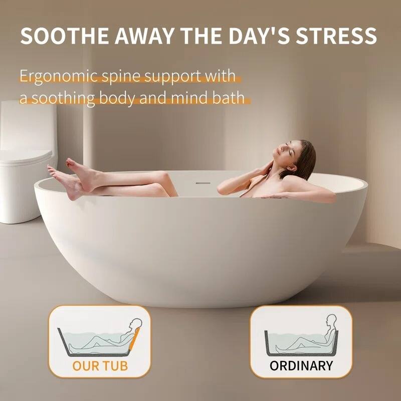 ABRUZZO 65" Freestanding Soaking Solid Surface Bathtub with Overflow and Pop-up Drain