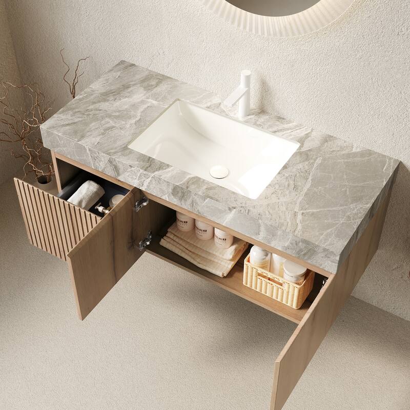30"/36"/48" Wall-Mounted Bathroom Vanity with Ceramic Sink, Sintered Stone Countertop Floating Bathroom Storage Cabinet