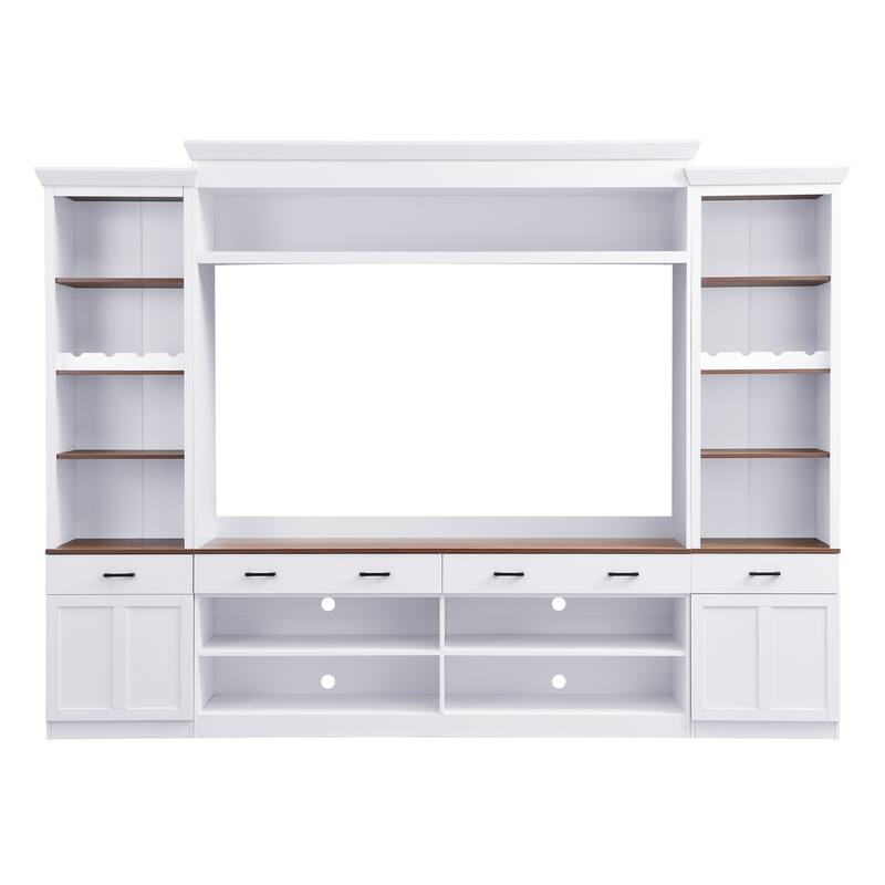 Roomfitters Mid-Century 4-Piece Entertainment Wall Unit with Bookshelves, TV Stand for TVs up to 70" withShelves and Wine Rack