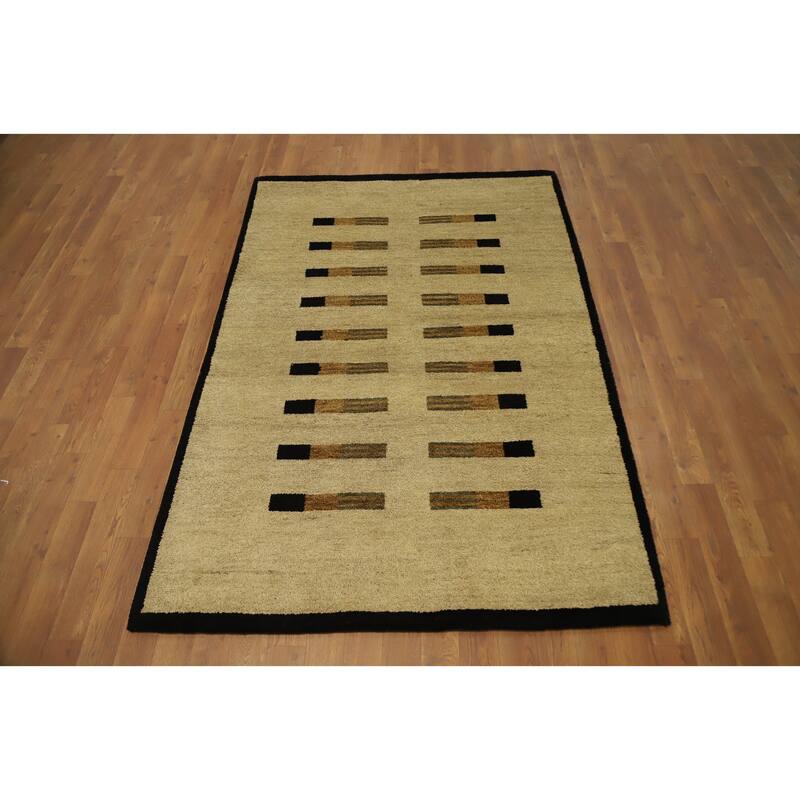 Hand Knotted Oriental 100% Wool Carpet Modern Geometric Beige & Ivories Gabbeh Area Rug - 5' 11'' X 4' 0''