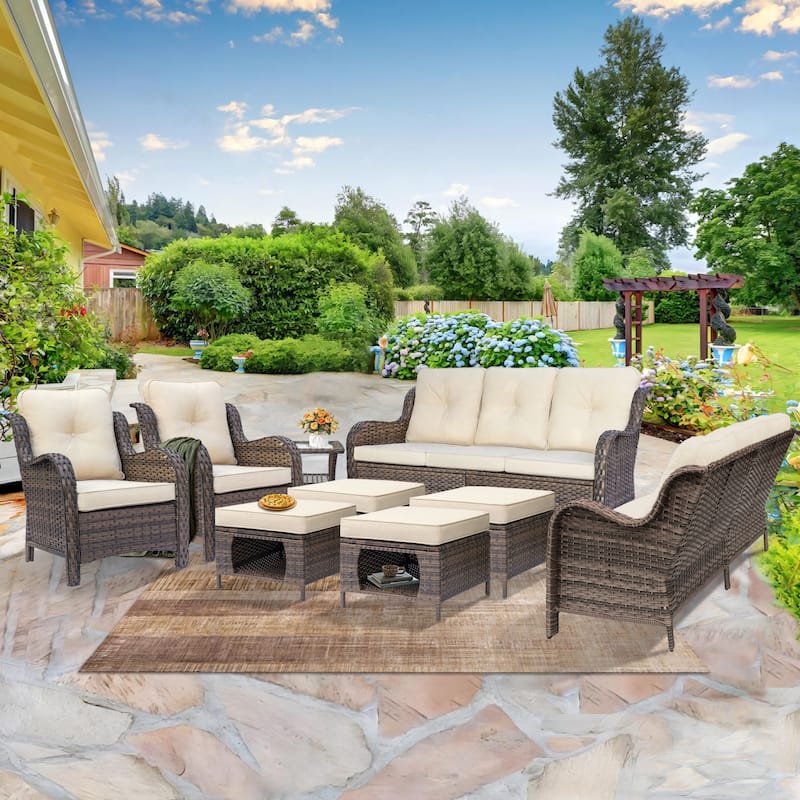 Wicker Outdoor Patio Furniture Seating Sofa Set with Storage Ottomans - 9 Piece - Beige